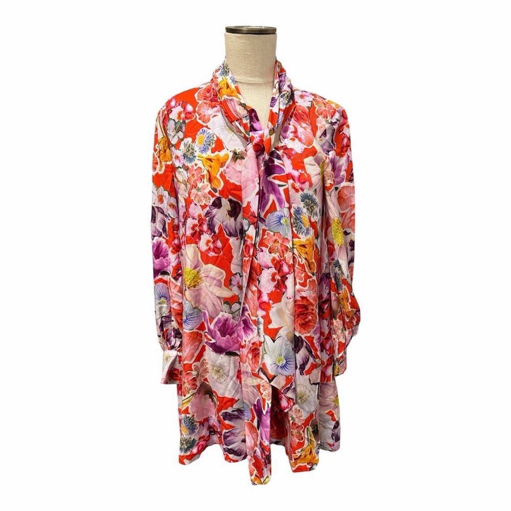 Anthropologie x Maeve Caroline Floral Watercolor Tie Neck Mini Dress Spring S
